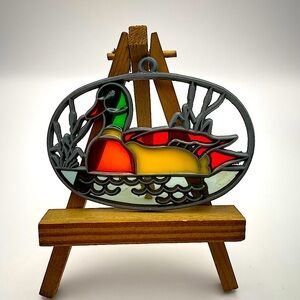Vintage, Stained Glass/Metal Window Suncatcher, Duck on Pond with  Cattails